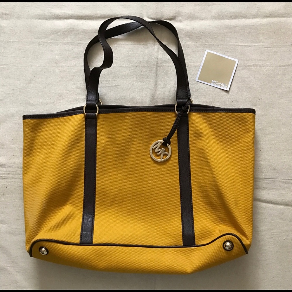 [Michael Kors] Mustard Yellow Canvas Tote with Brown Leather Handles